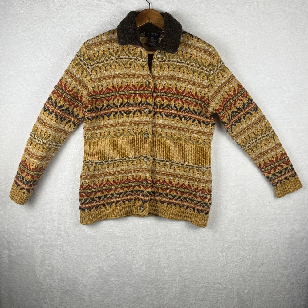 Vintage Eagles Eye Cardigan Sweater Womens Small Yellow Fair Isle‎ Hong Kong 90s